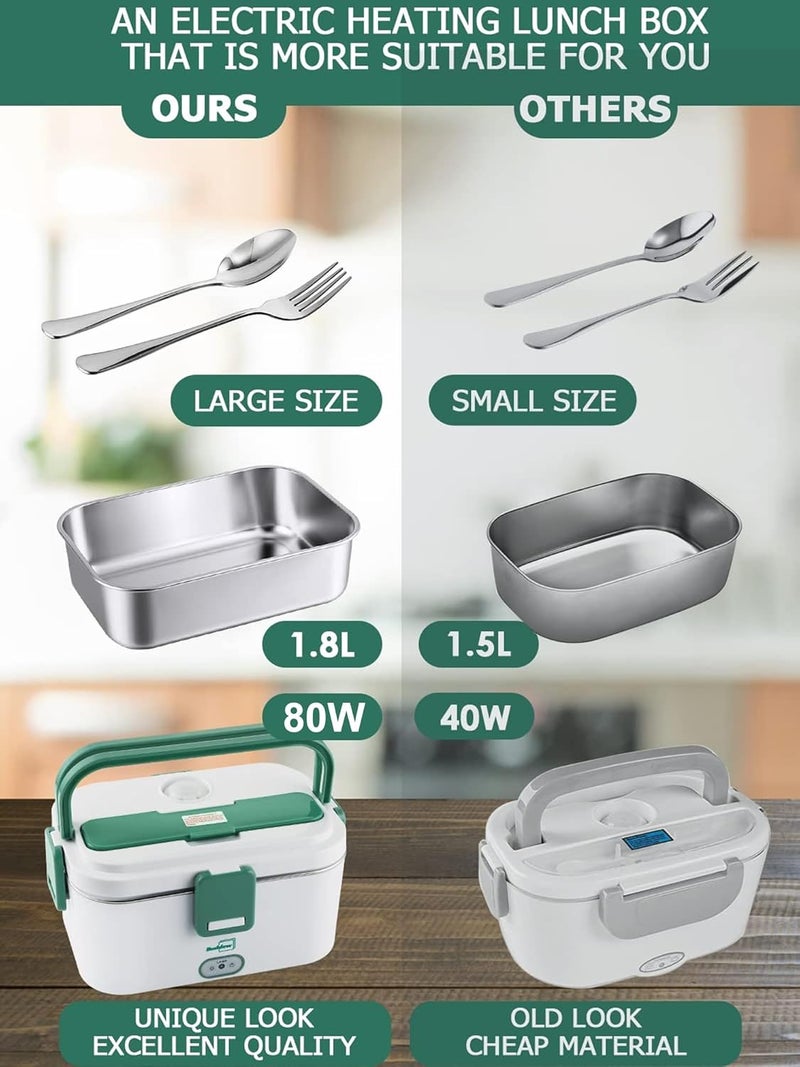 Buddew Electric Lunch Box for Adults, 80W Heated Lunch Box 1.8L Stainless Steel Portable Food Warmer,12/24/110V Lonchera Electrica Portatil for Travel & Work, Loncheras para Hombres de Trabajo(Green) - Image 5